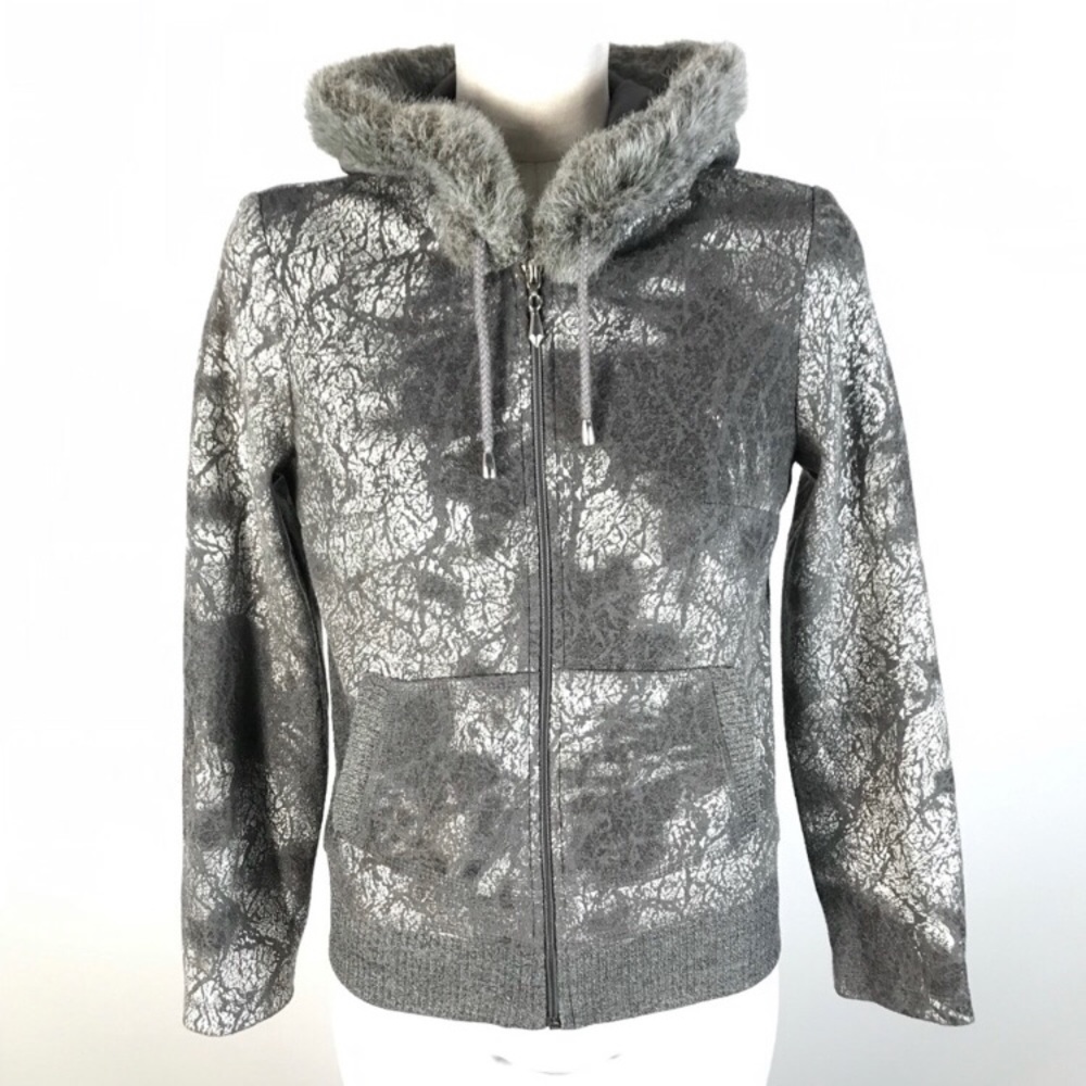 Joseph Ribkoff Grey/silver zipper Jacket with Faux Fur around hood size 4 - Picture 1 of 8